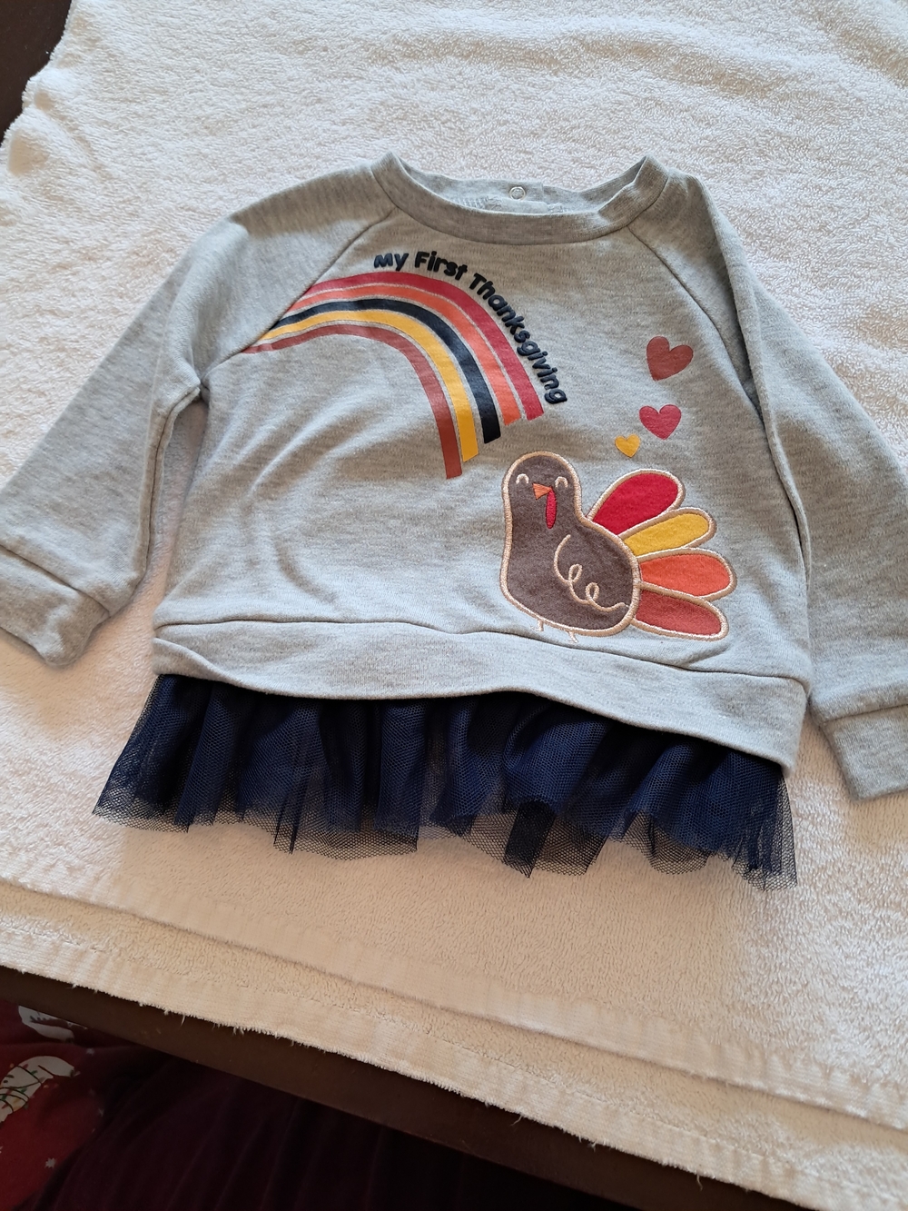 Girls' Grey 'My First Thanksgiving' Turkey Sweatshirt with Navy Tulle Hem